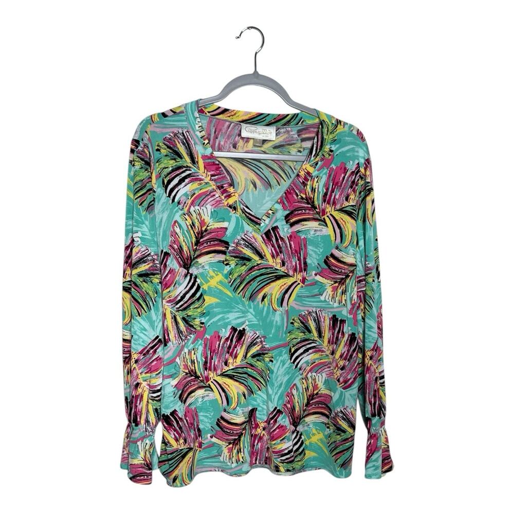 Papagallo Top‎ Womens Large Green Colorful Floral Palm Hannah Resortwear V Neck